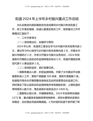 街道2024年上半年乡村振兴重点工作总结