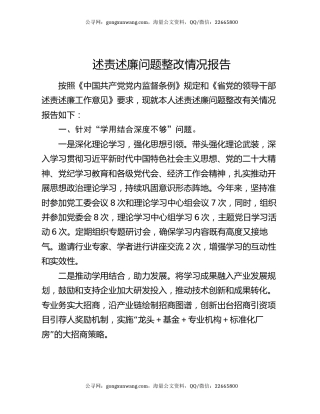 述责述廉问题整改情况报告