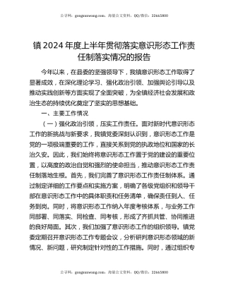 镇2024年度上半年贯彻落实意识形态工作责任制落实情况的报告