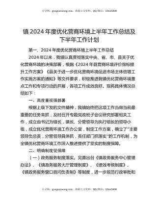 镇2024年度优化营商环境上半年工作总结及下半年工作计划