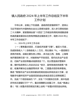 镇人民政府2024年上半年工作总结及下半年工作计划