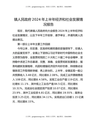 镇人民政府2024年上半年经济和社会发展情况报告