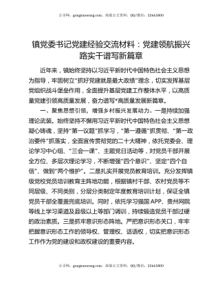 镇党委书记党建经验交流材料：党建领航振兴路  实干谱写新篇章