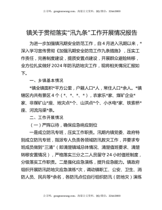 镇关于贯彻落实“汛九条”工作开展情况报告