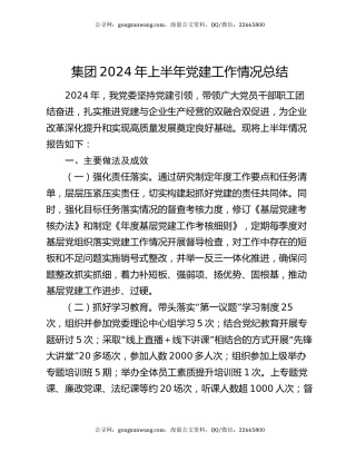 集团2024年上半年党建工作情况总结