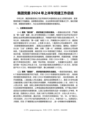 集团党委2024年上半年党建工作总结