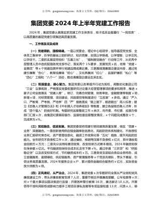 集团党委2024年上半年党建工作报告