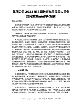 集团公司2023年主题教育党员领导人员专题民主生活会情况报告