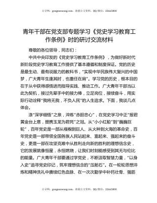 青年干部在党支部专题学习《党史学习教育工作条例》时的研讨交流材料