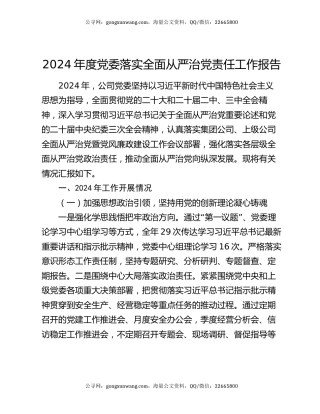 2024年度党委落实全面从严治党责任工作报告