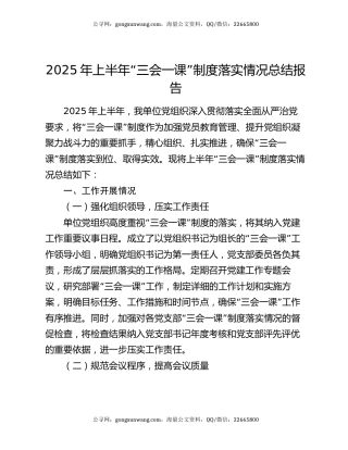 2025 年上半年“三会一课”制度落实情况总结报告