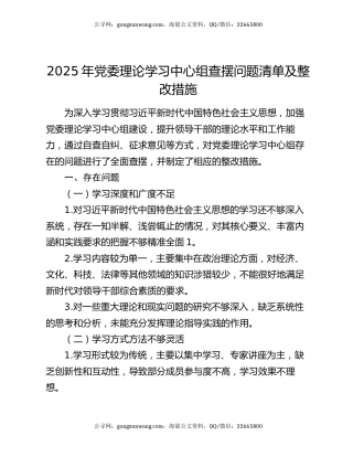 2025 年党委理论学习中心组查摆问题清单及整改措施