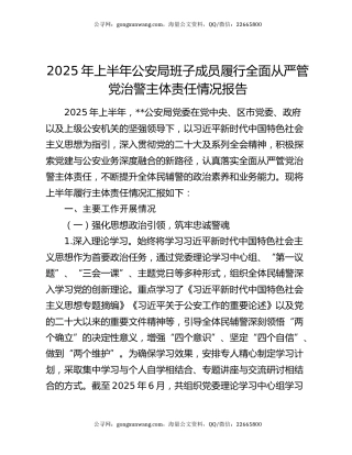 2025年上半年公安局班子成员履行全面从严管党治警主体责任情况报告