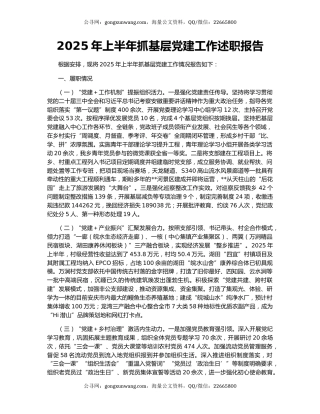 2025年上半年抓基层党建工作述职报告