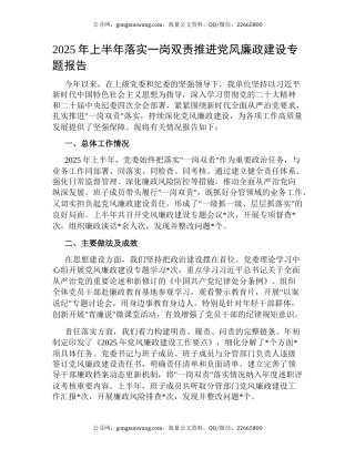 2025年上半年落实一岗双责推进党风廉政建设专题报告