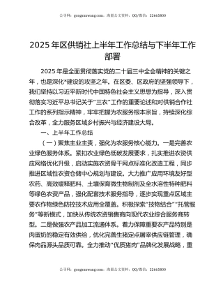 2025年区供销社上半年工作总结与下半年工作部署