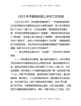 2025年市委组织部上半年工作总结