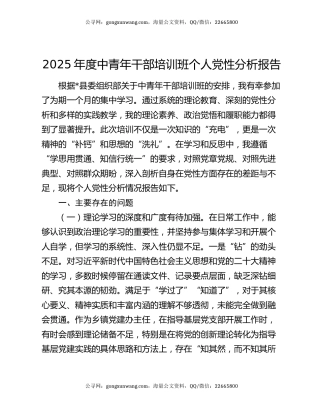 2025年度中青年干部培训班个人党性分析报告