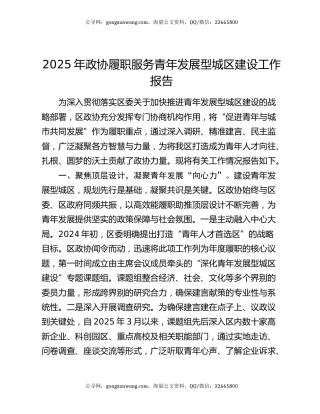 2025年政协履职服务青年发展型城区建设工作报告