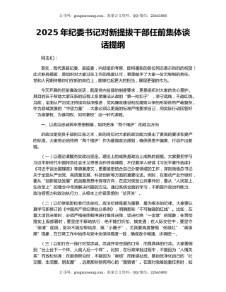 2025年纪委书记对新提拔干部任前集体谈话提纲