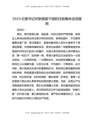 2025纪委书记对新提拔干部的任前集体谈话提纲