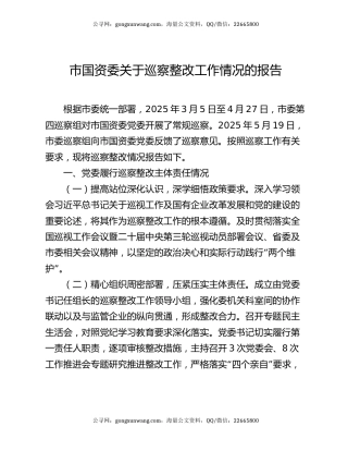 ‌市国资委关于巡察整改工作情况的报告