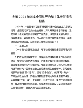 乡镇2024年落实全面从严治党主体责任情况报告