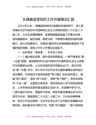 乡镇基层党组织工作开展情况汇报