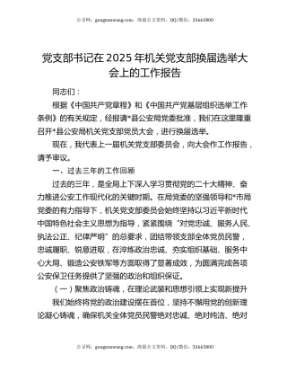 党支部书记在2025年机关党支部换届选举大会上的工作报告