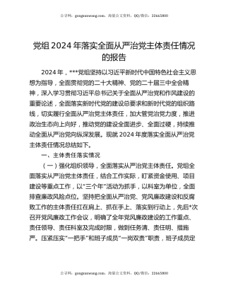党组2024年落实全面从严治党主体责任情况的报告