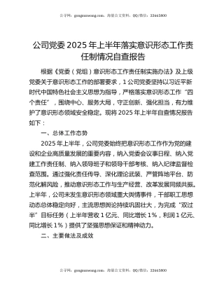 公司党委2025年上半年落实意识形态工作责任制情况自查报告