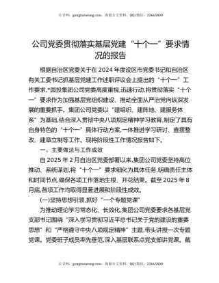 公司党委贯彻落实基层党建“十个一”要求情况的报告