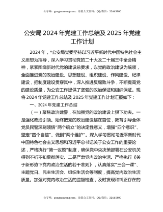 公安局2024年党建工作总结及2025年党建工作计划