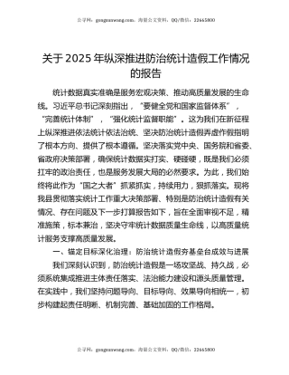 关于2025年纵深推进防治统计造假工作情况的报告
