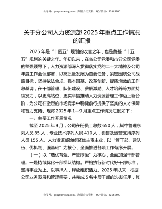 关于分公司人力资源部2025年重点工作情况的汇报