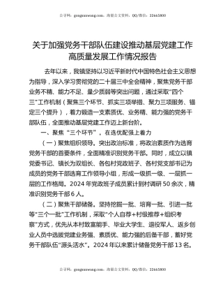关于加强党务干部队伍建设推动基层党建工作高质量发展工作情况报告