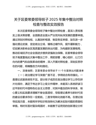 关于区委常委领导班子2025年集中整治对照检查与整改实效报告