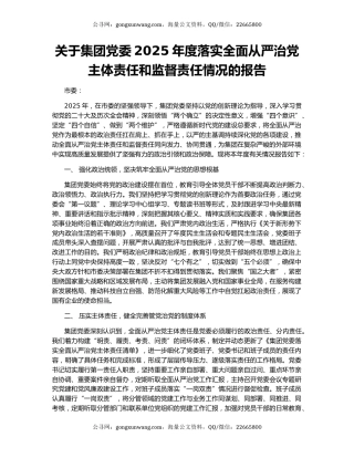 关于集团党委2025年度落实全面从严治党主体责任和监督责任情况的报告