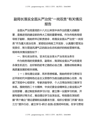 副局长落实全面从严治党“一岗双责”有关情况报告