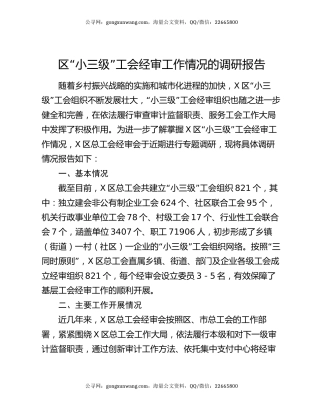 区“小三级”工会经审工作情况的调研报告