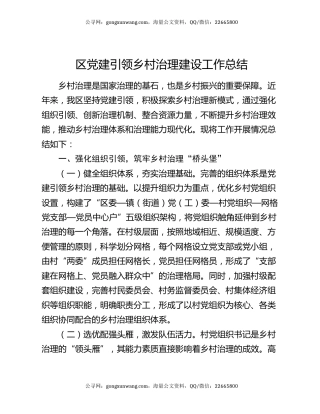 区党建引领乡村治理建设工作总结