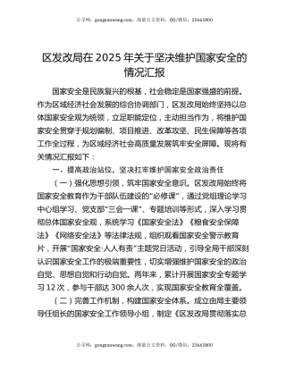 区发改局在2025年关于坚决维护国家安全的情况汇报