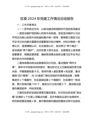 区委2024年党建工作情况总结报告