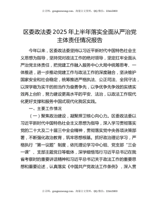 区委政法委2025年上半年落实全面从严治党主体责任情况报告