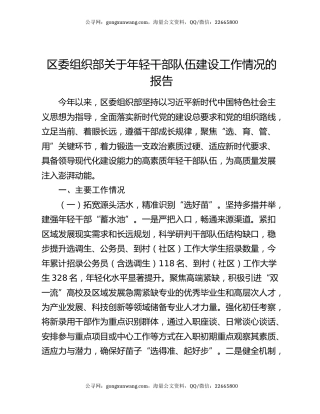 区委组织部关于年轻干部队伍建设工作情况的报告