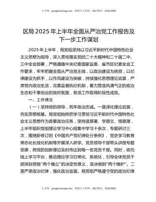 区局2025年上半年全面从严治党工作报告及下一步工作谋划