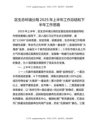 区生态环境分局2025年上半年工作总结和下半年工作思路