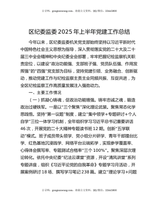 区纪委监委2025年上半年党建工作总结