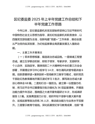 区纪委监委2025年上半年党建工作总结和下半年党建工作思路