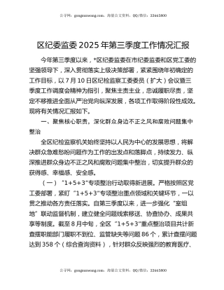 区纪委监委2025年第三季度工作情况汇报